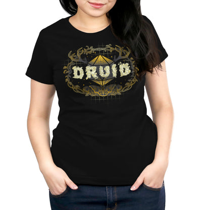 A woman donning a black t-shirt emblazoned with the word "Druid Class" by TeeTurtle.