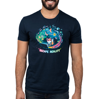A man wearing a virtual adventure-themed TeeTurtle Escape Reality T-shirt escapes reality.