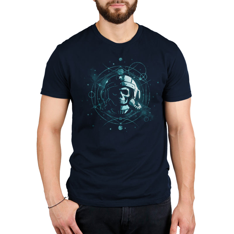A man wearing a black "Eternal Explorer" t-shirt by TeeTurtle with a skull on it.
