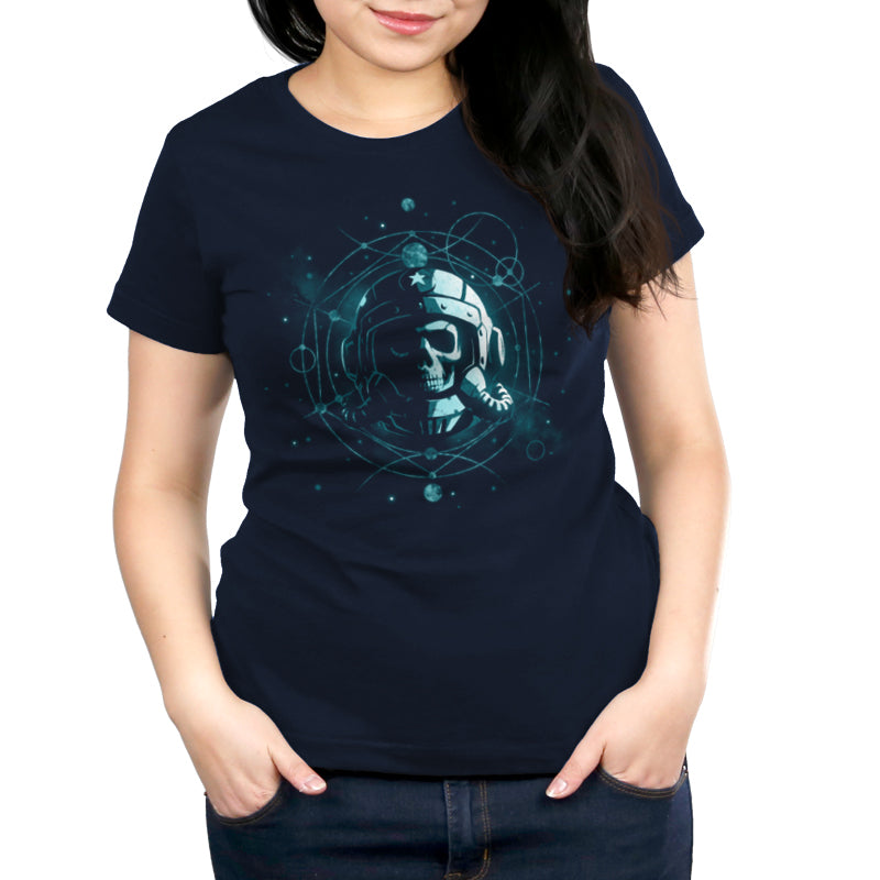 A super soft women's black t-shirt, the Eternal Explorer by TeeTurtle, featuring an image of an astronaut in space.