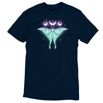 A navy blue Ethereal Moth t-shirt featuring an image of a celestial luna moth, made by TeeTurtle.