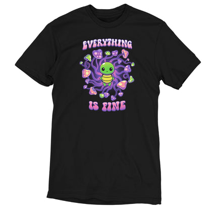 A comfortable black t-shirt featuring the "Everything Is Fine" design from TeeTurtle, with a chill octopus design with hearts.