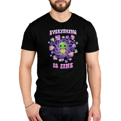 A man wearing a black t-shirt that says "Everything Is Fine" and is designed by TeeTurtle chill-ly.