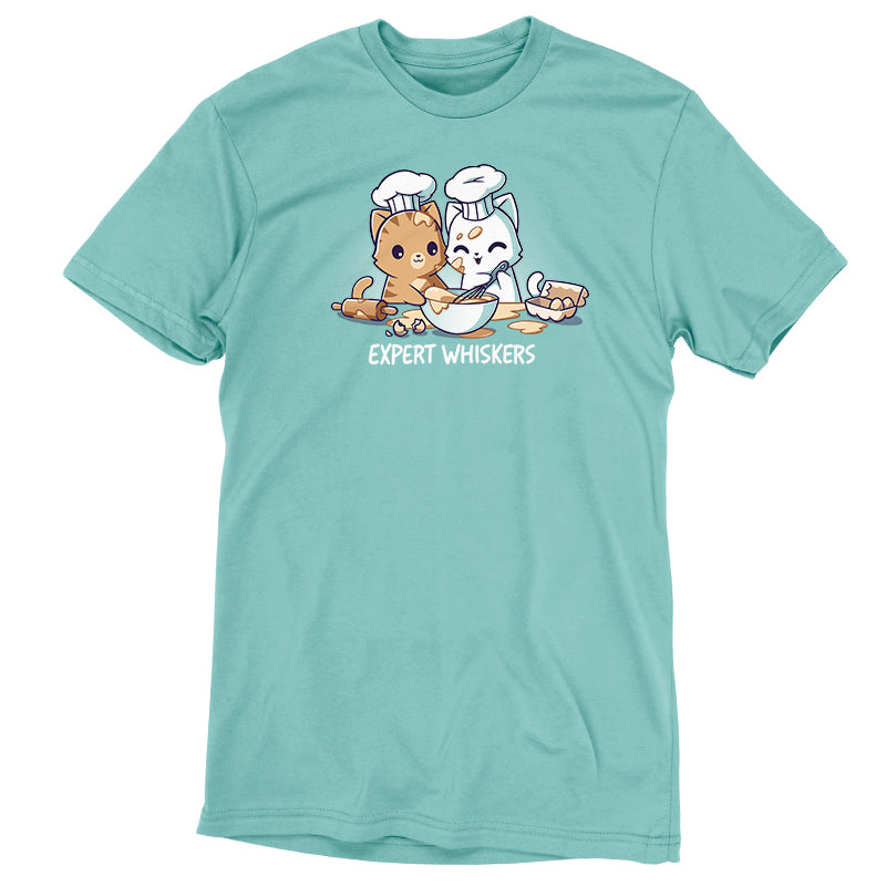 An Expert Whiskers teal T-shirt featuring a cat and a bunny, made from Ringspun Cotton, brought to you by TeeTurtle.