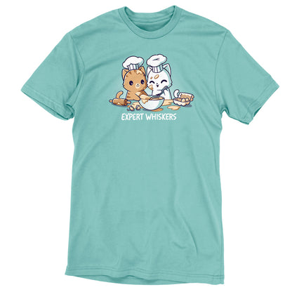 An Expert Whiskers teal T-shirt featuring a cat and a bunny, made from Ringspun Cotton, brought to you by TeeTurtle.