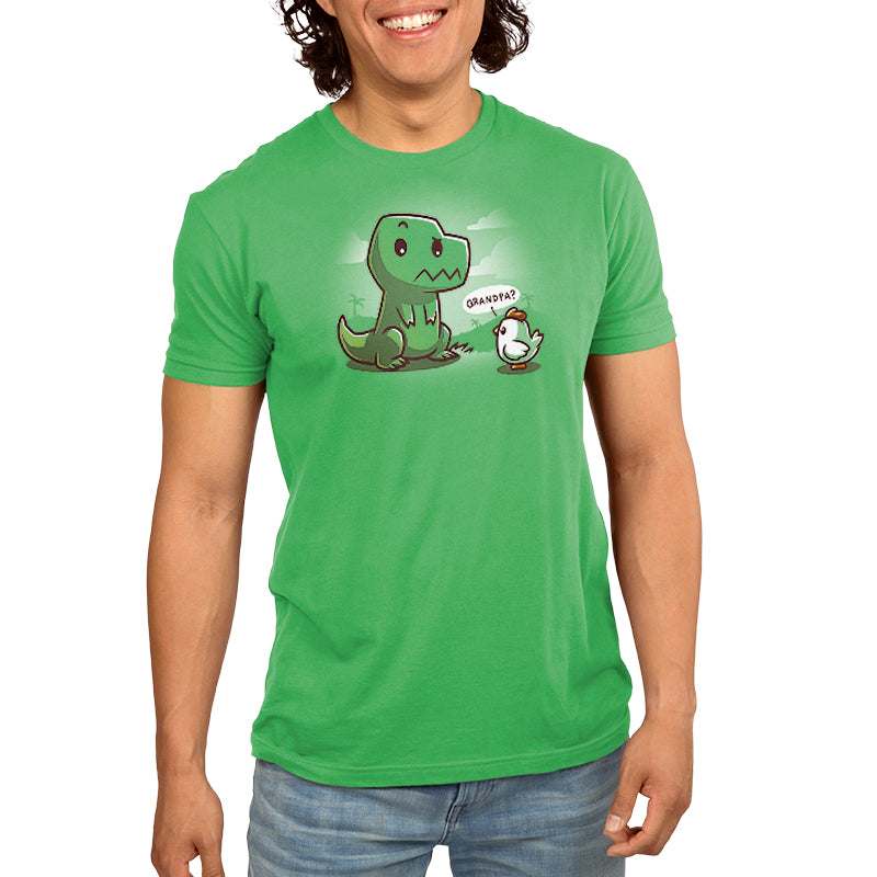 A man wearing a TeeTurtle Family Reunion t-shirt with a dinosaur on it.