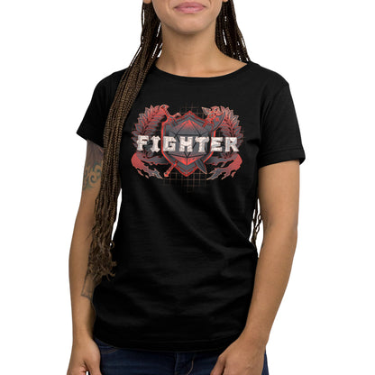A woman wearing a Fighter Class combat t-shirt made by TeeTurtle.