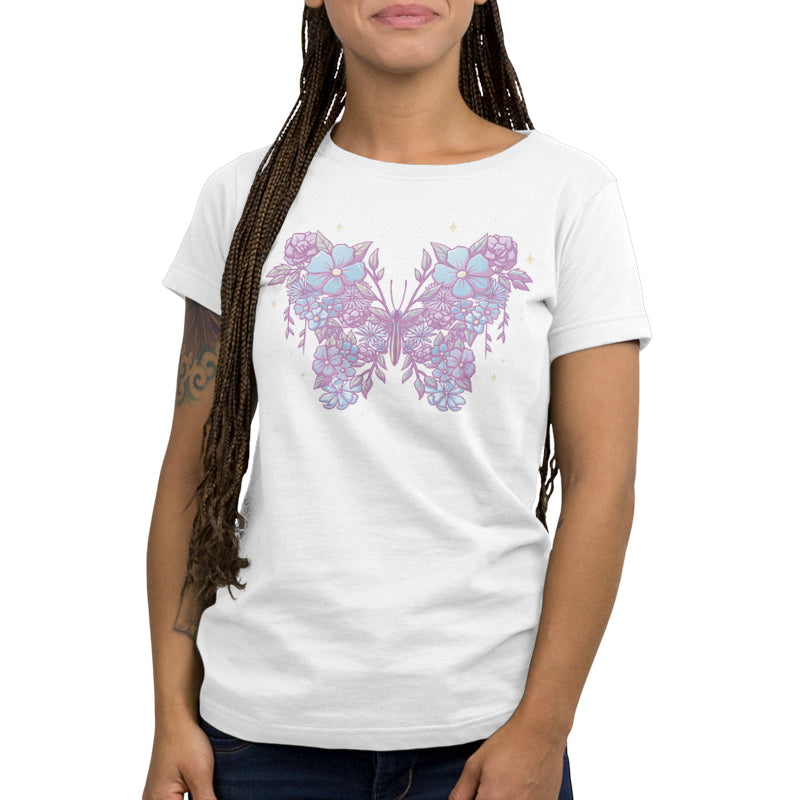 A women's white Floral Butterfly t-shirt by TeeTurtle with a butterfly design.