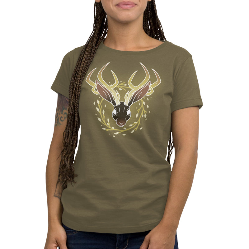 A military green women's t-shirt with a deer head on it, from TeeTurtle.
Product: Flourishing Jackalope
Brand: TeeTurtle