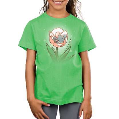 A girl wearing a TeeTurtle Flower Bed green t-shirt with a mouse on a tulip.