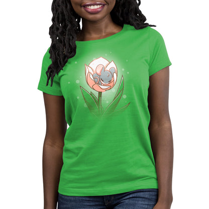 A TeeTurtle Flower Bed women's green t-shirt with an image of a tulip.