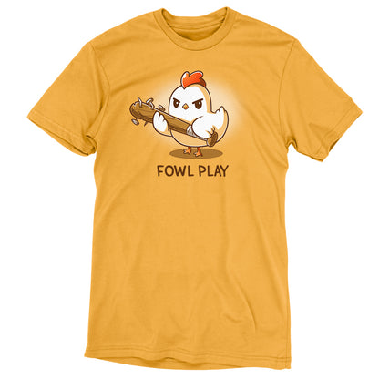 A mustard yellow Fowl Play T-shirt with the phrase "fowl play," from the brand TeeTurtle.