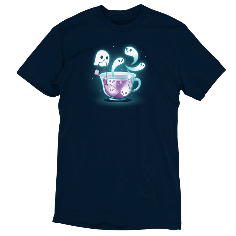 A navy blue Fresh-Booed Tea t-shirt with a ghost in a cup from TeeTurtle.