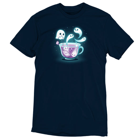 A navy blue Fresh-Booed Tea t-shirt with a ghost in a cup from TeeTurtle.