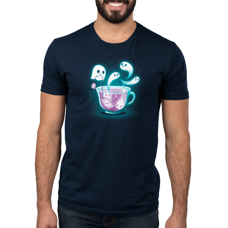 A man wearing a navy blue t-shirt with the Fresh-Booed Tea logo by TeeTurtle.