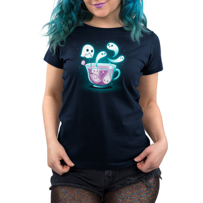 A navy blue women's Fresh-Booed Tea t-shirt with an image of a ghost in a cup by TeeTurtle.