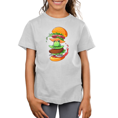 Premium Cotton T-shirt_TeeTurtle silver gray Frog Burger featuring a frog in the middle of a burger’s floating ingredients.