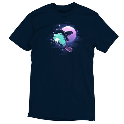 Navy blue t-shirt featuring a TeeTurtle design of the Frog Witch on a broom.
