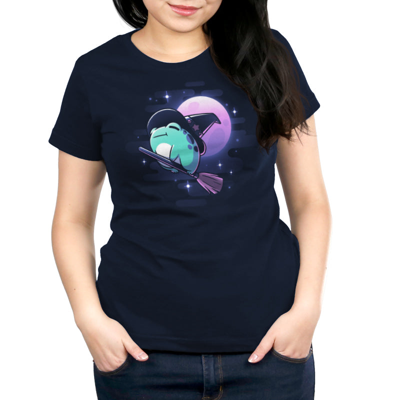 A navy blue women's t-shirt featuring a Frog Witch flying on a broomstick designed by TeeTurtle.