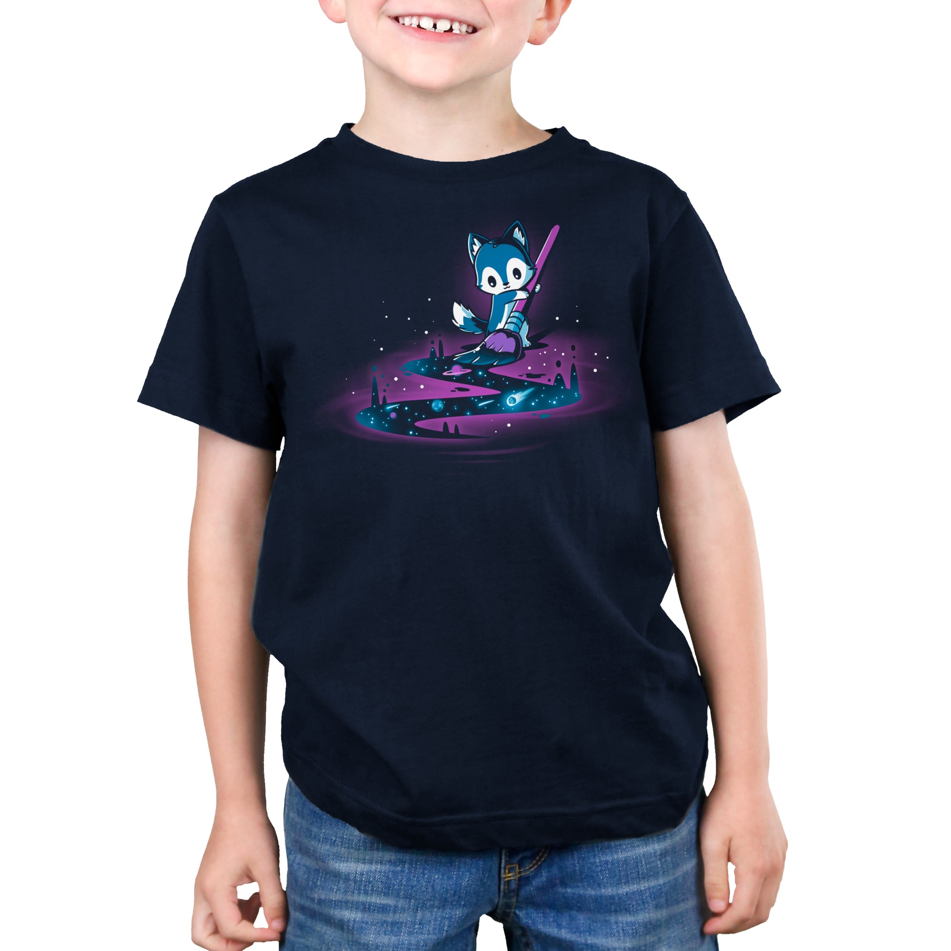 A young boy wearing a TeeTurtle Galactic Painter t-shirt.