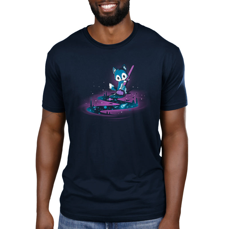 A comfortable men's navy blue Galactic Painter t-shirt featuring an artistically designed cat on a DJ deck, made by TeeTurtle.