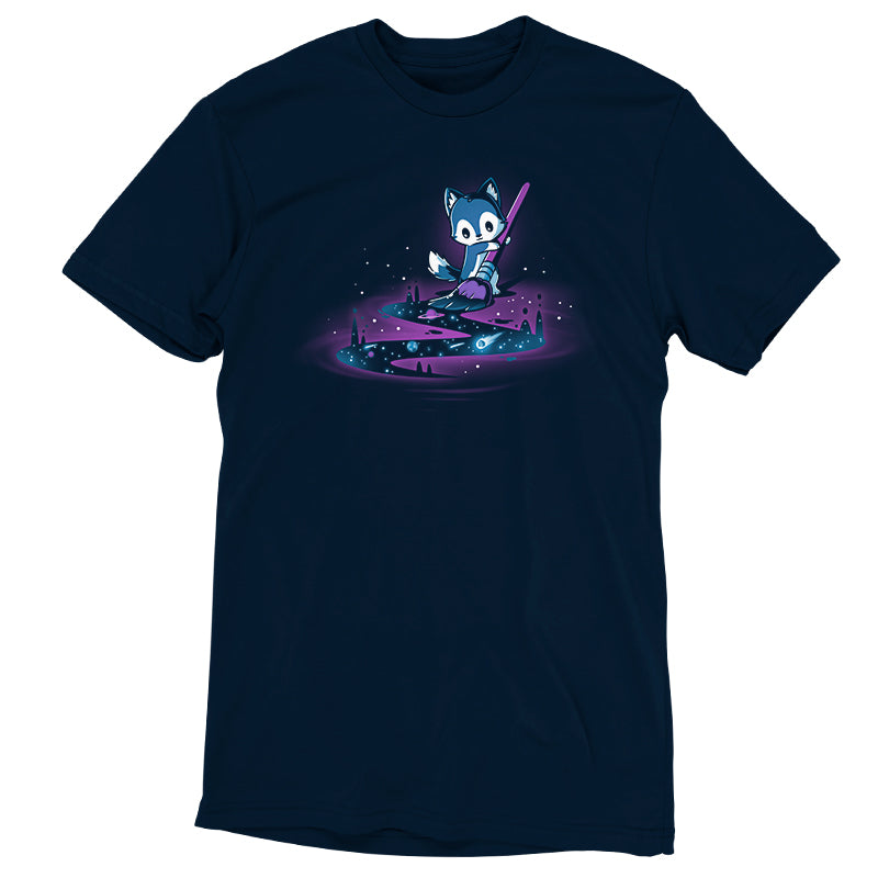A navy blue Galactic Painter t-shirt with an image of a cat in space designed by an artist, made by TeeTurtle.