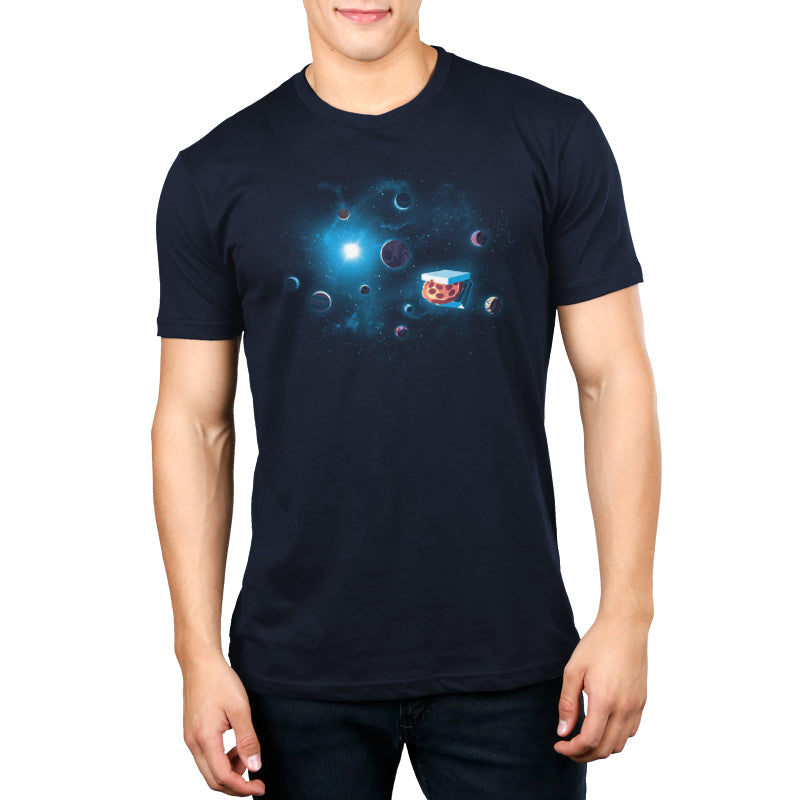 A man wearing a Galactic Pizza T-shirt with an image of a spaceship from TeeTurtle.