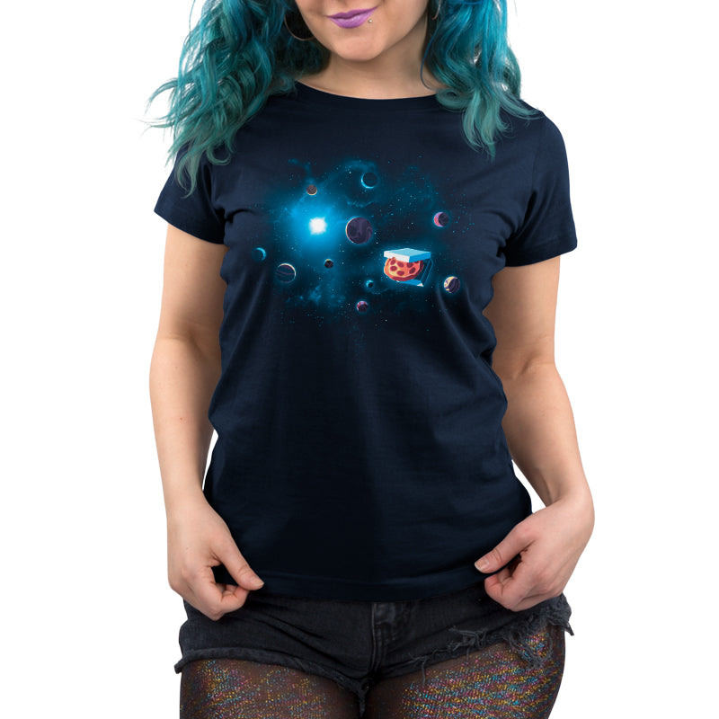 A TeeTurtle women's t-shirt with an image of Galactic Pizza and planets.