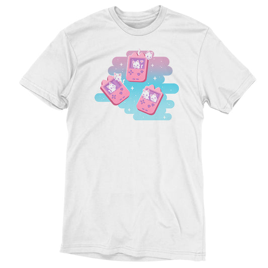 A white Gaming Kitties T-shirt with two pink cell phones, perfect for social creatures. (Brand Name: TeeTurtle)