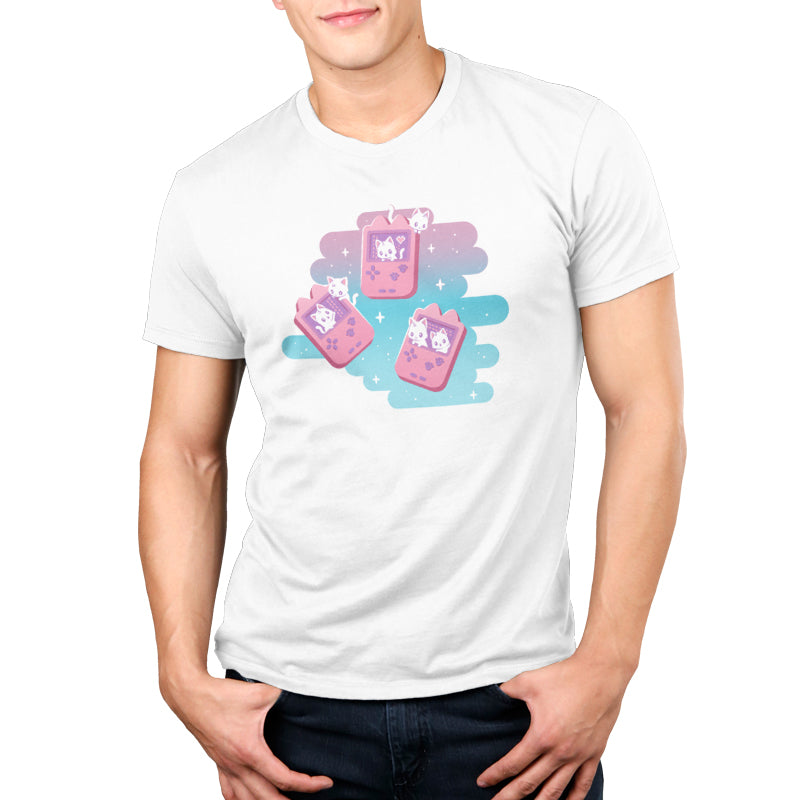 A man wearing a white Gaming Kitties T-shirt with a pink and blue design by TeeTurtle.