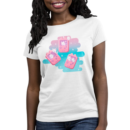 A woman wearing a white t-shirt with a pink and blue design, showcasing her love for expressive Gaming Kitties from TeeTurtle.