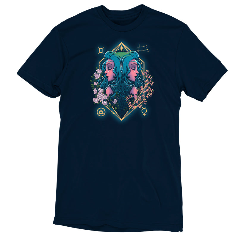 A TeeTurtle Gemini Zodiac T-shirt featuring an image of a woman with a flower.