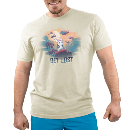 A man wearing a TeeTurtle t-shirt that says "Get Lost" in a comfortable style.
