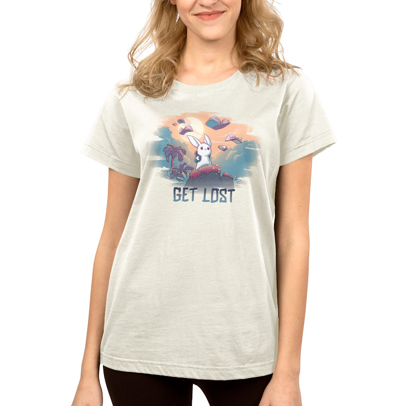 A woman wearing a TeeTurtle t-shirt that says "Get Lost".
