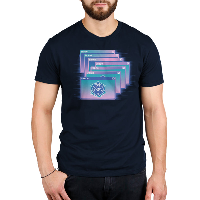 A man wearing a TeeTurtle GlitchWave D20 T-shirt with a blue and purple design reminiscent of a D20 dice.