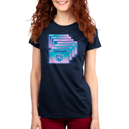 A GlitchWave D20 women's t-shirt with a blue and pink design from TeeTurtle.