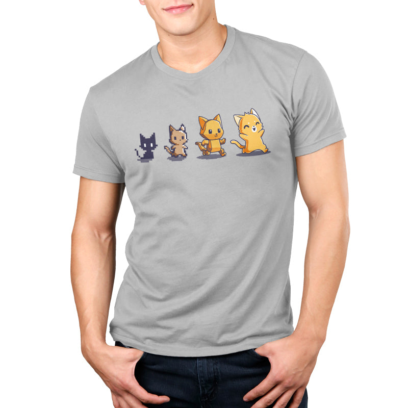 A TeeTurtle Graphics Evolution silver t-shirt featuring a cat design.
