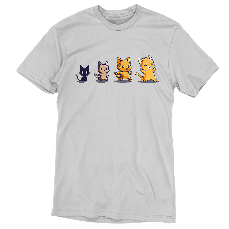 A white TeeTurtle Graphics Evolution t-shirt with four cats on it.