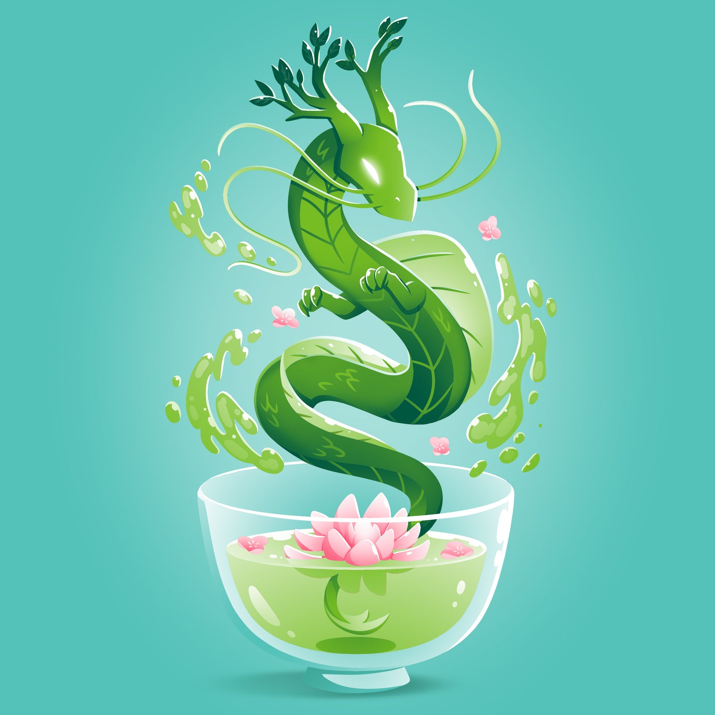 A Green Tea Dragon swims in a teacup full of flower blossoms, made by TeeTurtle.