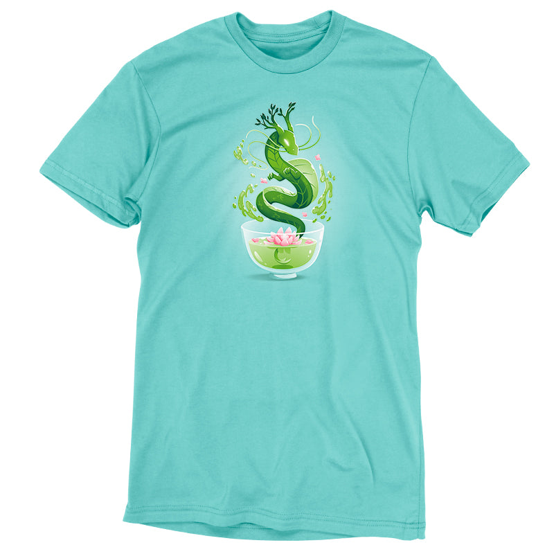 A Caribbean blue t-shirt featuring a Green Tea Dragon from TeeTurtle.