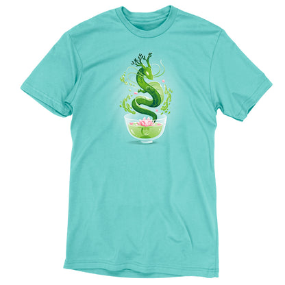 A Caribbean blue t-shirt featuring a Green Tea Dragon from TeeTurtle.