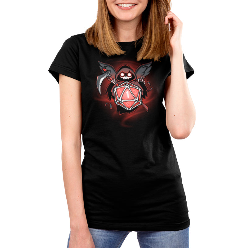 A black women's T-shirt with an image of a demon, representing TeeTurtle's Grim Reaper's Roll.