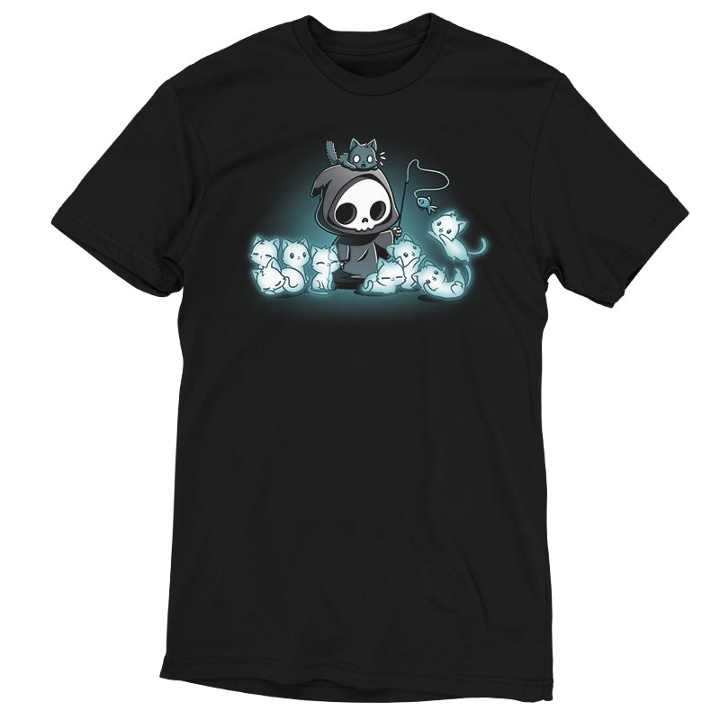 A comfortable Grim and Kitties black t-shirt featuring a playful image of a panda and ghosts by TeeTurtle.
