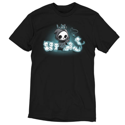 Men's Premium T-Shirt_TeeTurtle black Grim and Kitties Men's Premium T-Shirt featuring a cute grim reaper surrounded by glowing ghostly cats, with a black cat perched on its hood and a dangling cat toy in hand.