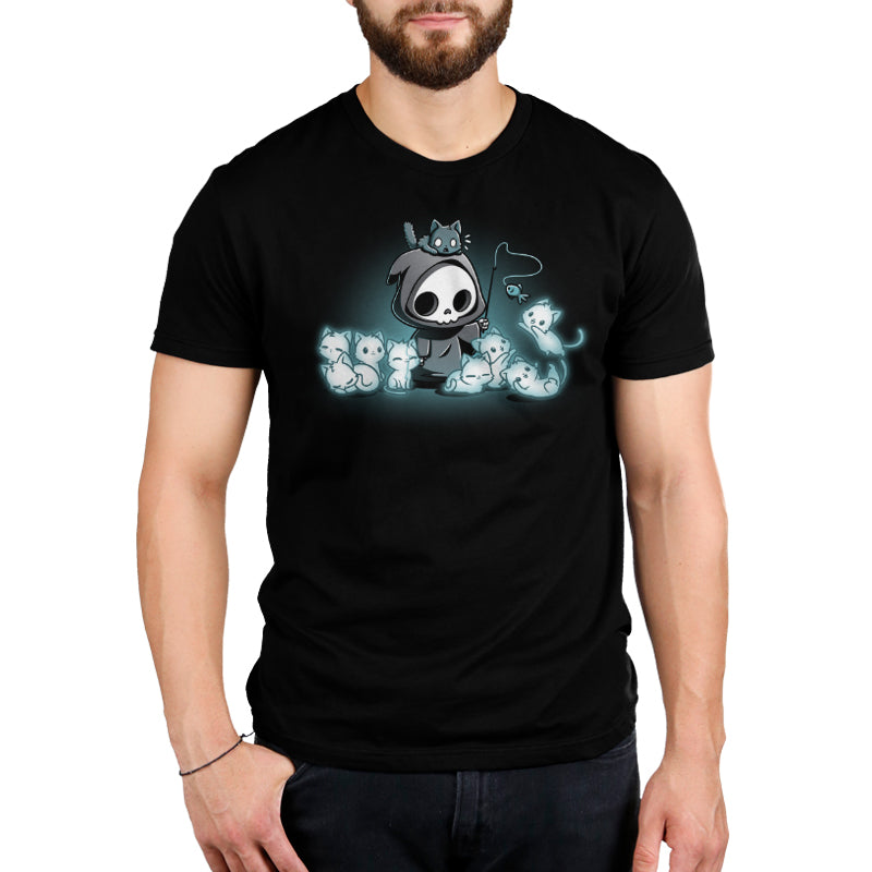 A man wearing a comfortable Grim and Kitties black t-shirt by TeeTurtle.