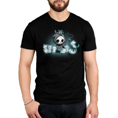 Men's Premium T-Shirt_TeeTurtle black Grim and Kitties Men's Premium T-Shirt featuring a cute grim reaper surrounded by glowing ghostly cats, with a black cat perched on its hood and a dangling cat toy in hand.