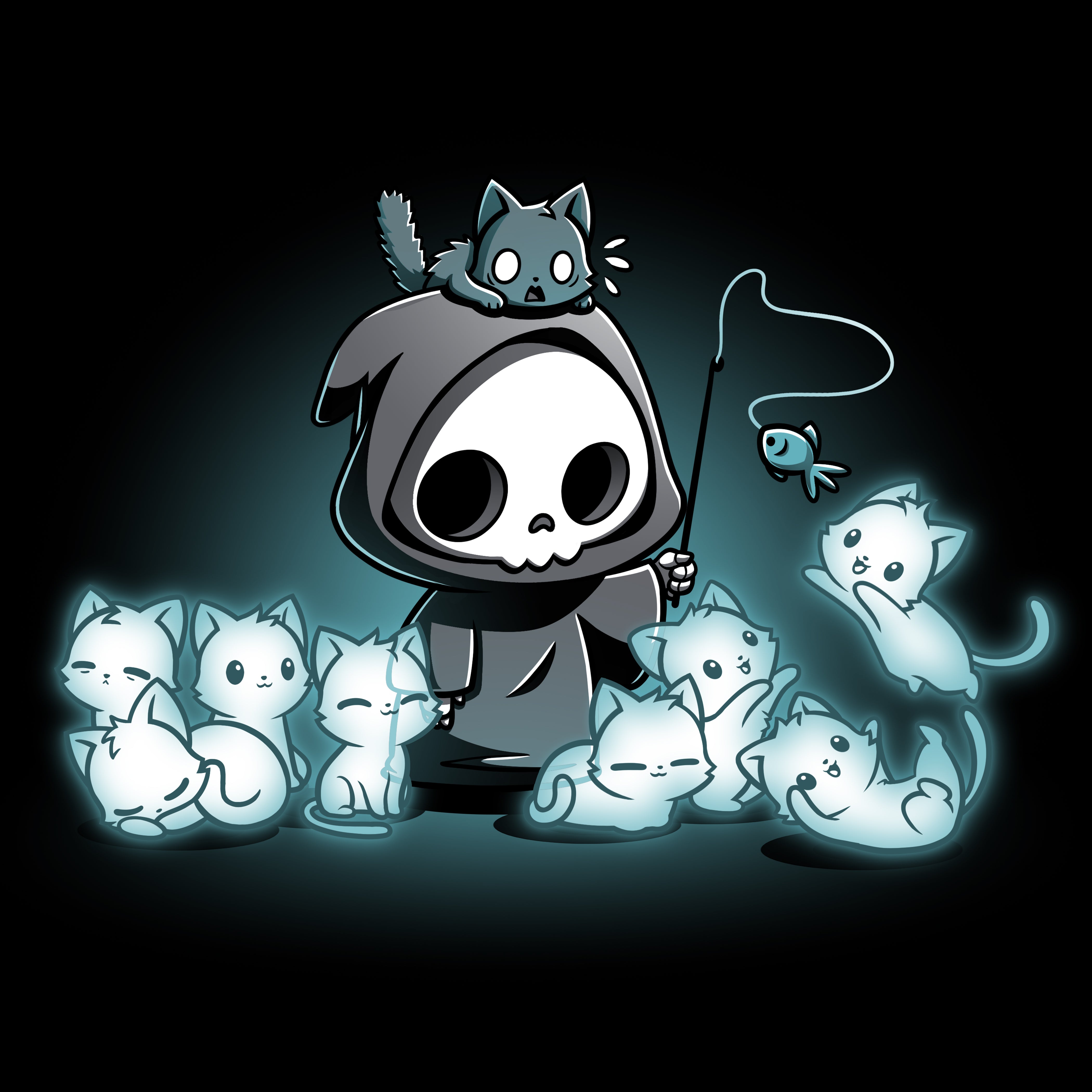 Premium Cotton T-shirt_TeeTurtle Grim and Kitties black t-shirt featuring a hooded skeleton figure, resembling a spooky Grim Reaper, standing surrounded by glowing ghostly cats. One cat is perched on its head while it playfully dangles a toy fish in front of the others.