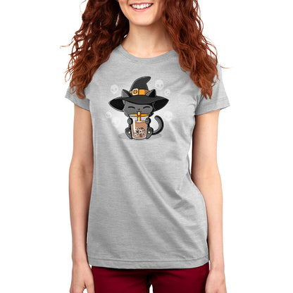 A TeeTurtle original women's t-shirt featuring a Halloween Boba Cat wearing a hat, perfect for Halloween.