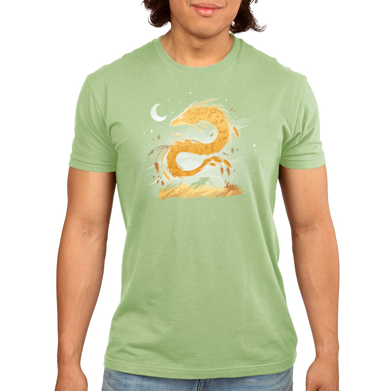 A man wearing a green Harvest Dragon T-shirt with a snake on it cultivates majesty, from TeeTurtle.