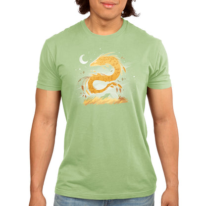 A man wearing a green Harvest Dragon T-shirt with a snake on it cultivates majesty, from TeeTurtle.